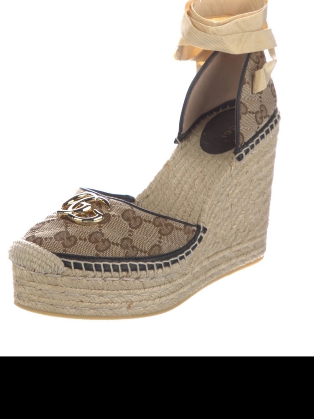 Gucci Beige GG Canvas Espadrille Wedge Sandals with Gold Double G’s
